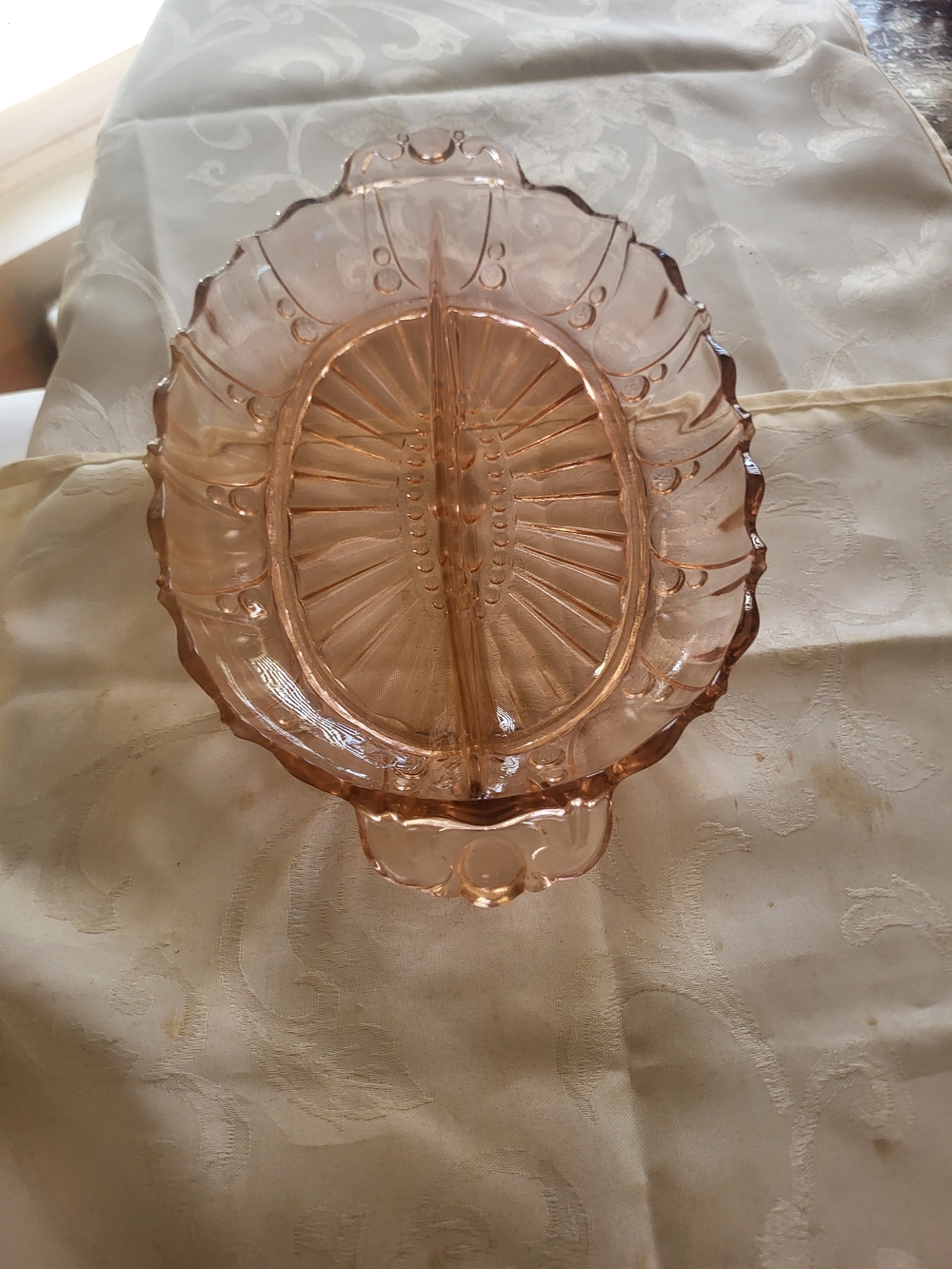 Vintage Pink Depression Divided Serving Dish Double Handled, Bubble Texture